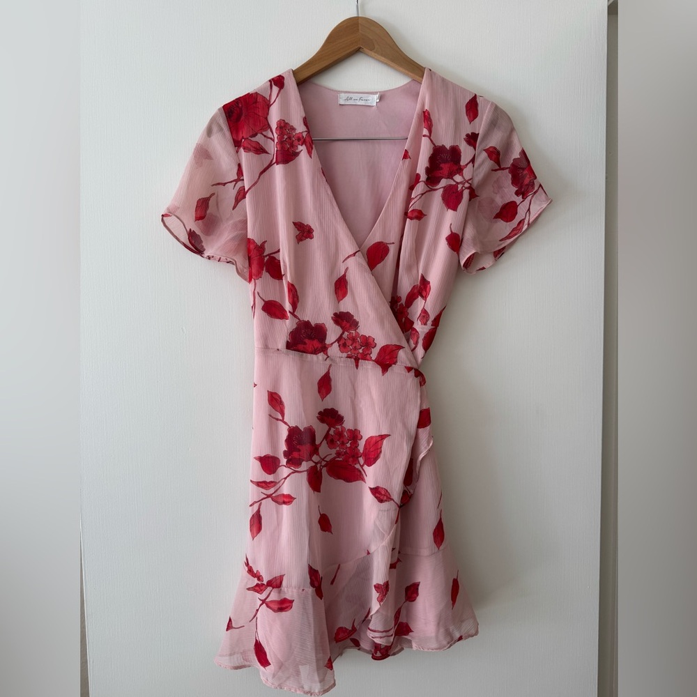 All in Favor Pink and Red Floral Mini Wrap Dress